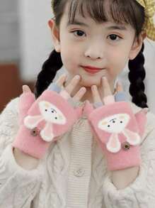 1 Par Guantes Para Niños Con Cubierta De Solapa De Conejo Rosa Y Sin Dedos Para Protección Y Calor, Adecuados Para Viajes Al Aire Libre Y Uso Diario