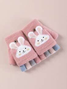 1 Par Guantes Para Niños Con Cubierta De Solapa De Conejo Rosa Y Sin Dedos Para Protección Y Calor, Adecuados Para Viajes Al Aire Libre Y Uso Diario