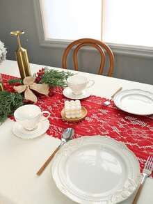 1 件復古風格紅色蕾絲編織桌旗適合節慶場合、派對、餐桌裝飾 - 紅色 - 查看 4