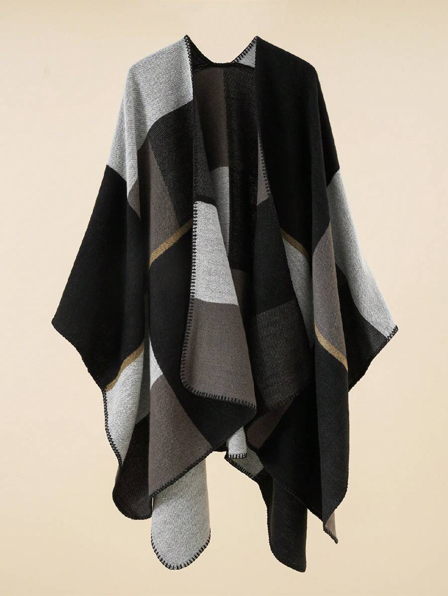 1 chiếc khăn choàng Poncho kẻ caro nhiều màu thời trang đa năng dành cho nữ, thích hợp sử dụng trong nhà có điều hòa và ngoài trời - màu đen - Xem 1