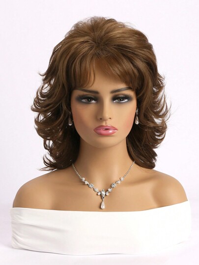 Ladies' 12-inch Natural Fluffy Brown Short Curly Hair Wig With Side Swept Bangs, Suitable For Daily Wear