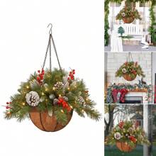 Christmas Atmosphere Bouquet Basket With Sparkling Fur, Pines And Frosted Cones, Suitable For Hanging In Front Of Doors And Windows