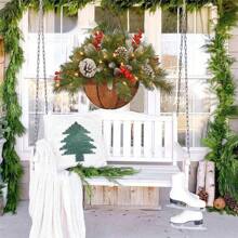 Christmas Atmosphere Bouquet Basket With Sparkling Fur, Pines And Frosted Cones, Suitable For Hanging In Front Of Doors And Windows