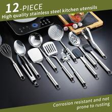 Cooking Utensil Set 12 Piece Stainless Steel Kitchen Tool Set, Include Cooking Spoon, Spatula, Whisk, Cooking Tong And Etc 12 Pieces,Includes 1 Spoon, 1 Skimmer, 1 Slotted Turner, 1 Pasta Spatula, 1 Cooking Spoon, 1 Potato Masher, 1 Whisk, 1 Slotted Spoon, 1 Cooking Spoon, 1 Flat Turner, 1 Soft Spatula, 1 Pouring Brush.Mirror-Polished Finish, Easy-To-Clean Handles, Dishwasher Safe, The Exquisite Workmanship Can Also Be A Perfect Gift. - 銀色 - 查看 3