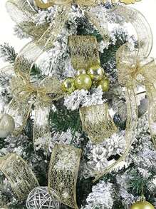 1pc 2m/Pack Christmas Ribbon With Glitter Powder And Mesh Edge For Christmas Tree Decoration And Home Decor Christmas Decorations Room Decor - Gold - View 1