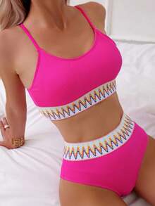 粉色拼色腰部比基尼套装夏季海滩 - 玫紅色 - 查看 2