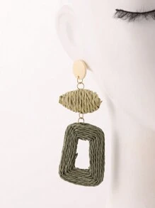 1pair Handmade Woven Paper Rope Earrings With Geometric Patchwork Design And Colorful Contrasting, Perfect For Vacation And Party Outfits - Dark Green - View 6