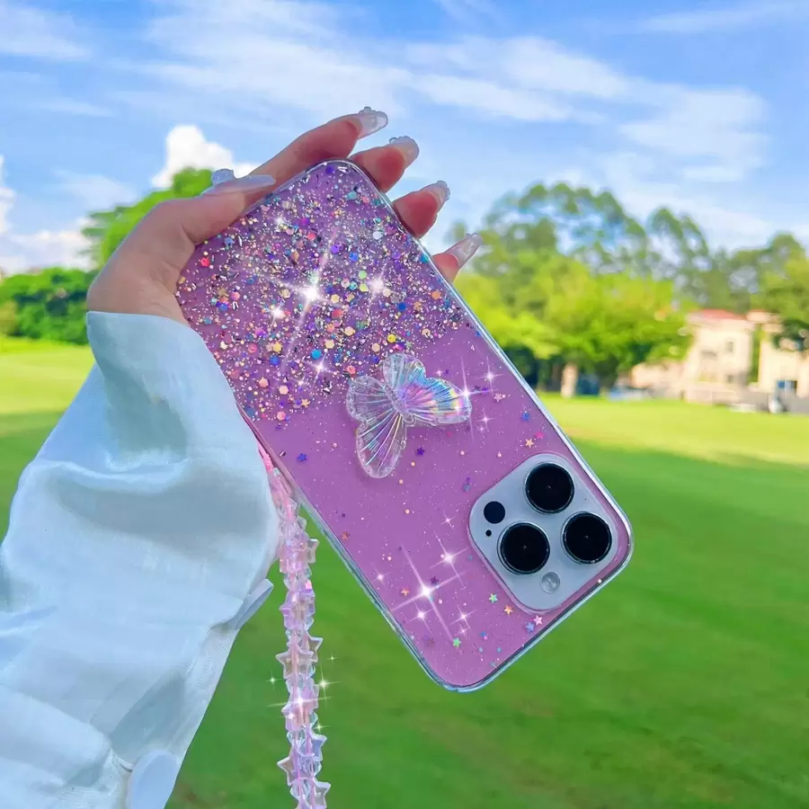 Valentines Phone Charm 1pc Starry Glitter Liquid Crystal Butterfly & Star Design Phone Case With Hand Strap - Pink - View 1