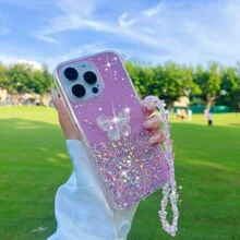 Valentines Phone Charm 1pc Starry Glitter Liquid Crystal Butterfly & Star Design Phone Case With Hand Strap - Pink - View 4