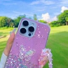 Valentines Phone Charm 1pc Starry Glitter Liquid Crystal Butterfly & Star Design Phone Case With Hand Strap - Pink - View 10
