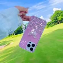 Valentines Phone Charm 1pc Starry Glitter Liquid Crystal Butterfly & Star Design Phone Case With Hand Strap - Pink - View 8