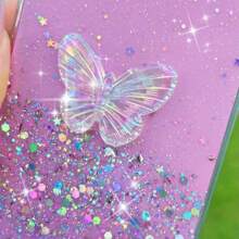 Valentines Phone Charm 1pc Starry Glitter Liquid Crystal Butterfly & Star Design Phone Case With Hand Strap - Pink - View 7