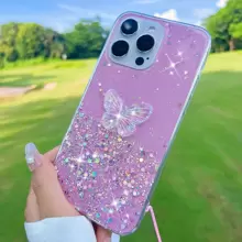 Valentines Phone Charm 1pc Starry Glitter Liquid Crystal Butterfly & Star Design Phone Case With Hand Strap - Pink - View 6