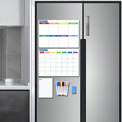 1 conjunto de ímã de geladeira, quadro de notas, planejador mensal, planejador semanal, agenda diária, canetas magnéticas coloridas, borracha, calendário, lista de tarefas, melhores presentes