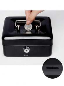Small Cash Box With Lock And Coin Piggy Slot - 黑色 - 查看 2