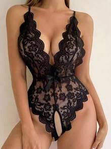 1pc Sexy Halter Neck Lace Bodysuit With Backless Design For Rave - Black - View 2