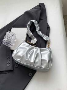 新款时尚复古通勤黑色简约褶皱单肩云朵包，潮流日本包 - 銀色 - 查看 6