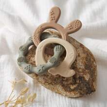 1pc Baby Silicon Teether Ring, Grey-Green Colored With Rabbit & Elephant Shapes, Suitable For Teething Babies, Nice Infant Gift