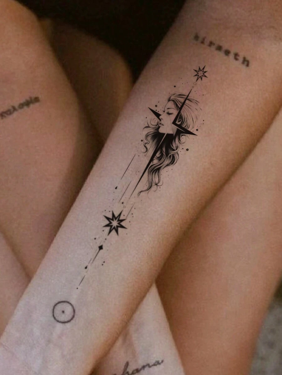 1 Pieza Tatuaje Temporal A Base De Figura Abstracta Negra Y Diseño De Ráfaga De Estrellas Para La Espalda, Brazo Y Muñeca - Negro - Ver 1