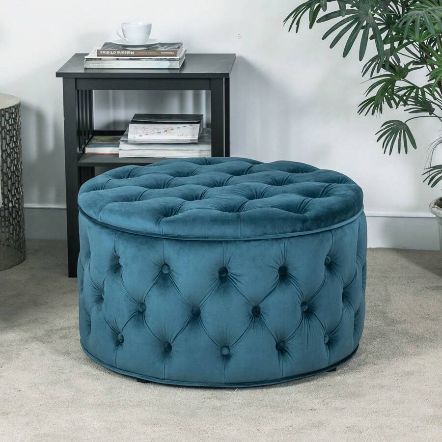 Joveco Round Storage Ottoman, Button Tufted Upholstered Ottoman with ...