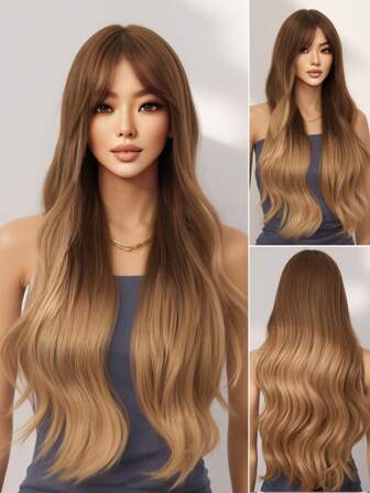 漸層假髮帶劉海長款自然小波浪波浪狀的假髮28英寸耐熱纖維合成纖維替代品假髮適合女士派對日常