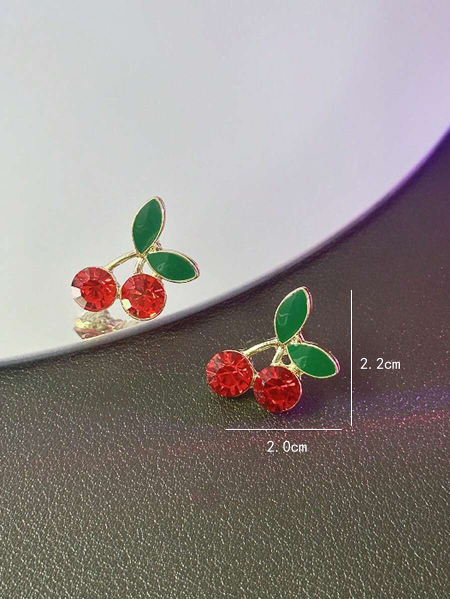 1pair Simple & Sweet Drip Oil Red Cherry Design Earrings With Elegant