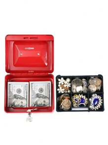 Small Cash Box With Lock And Coin Piggy Slot - 紅色 - 查看 2