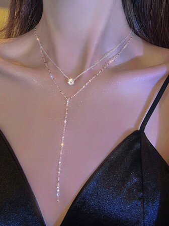 1 件雙層性感 Y 形流蘇吊墜水鑽項鍊女式