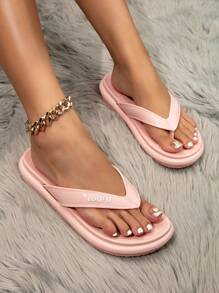 女士厚底防滑拖鞋，时尚仙女风，高端粉色平底凉鞋 - 粉色 - 查看 2