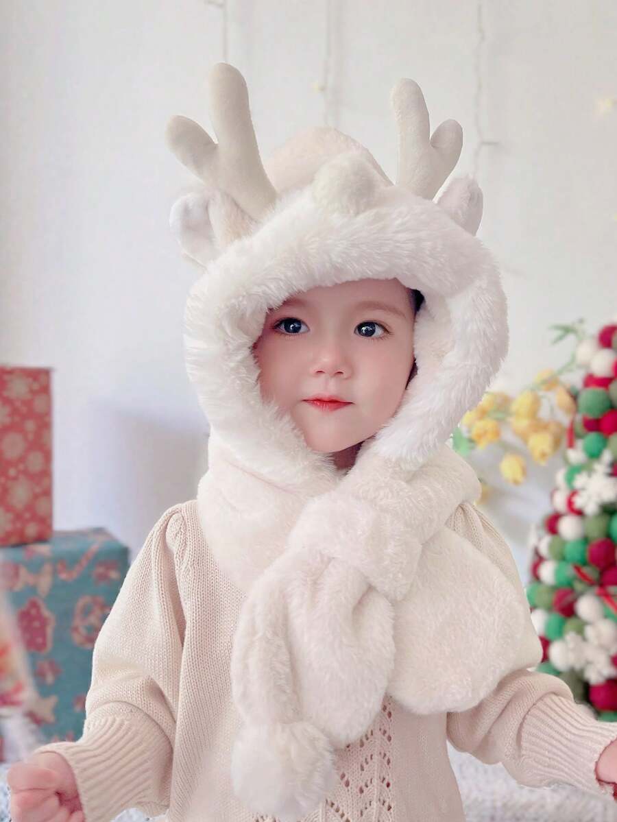 米色卡通毛絨帽圍巾一體帽子毛絨帽兒童尺寸