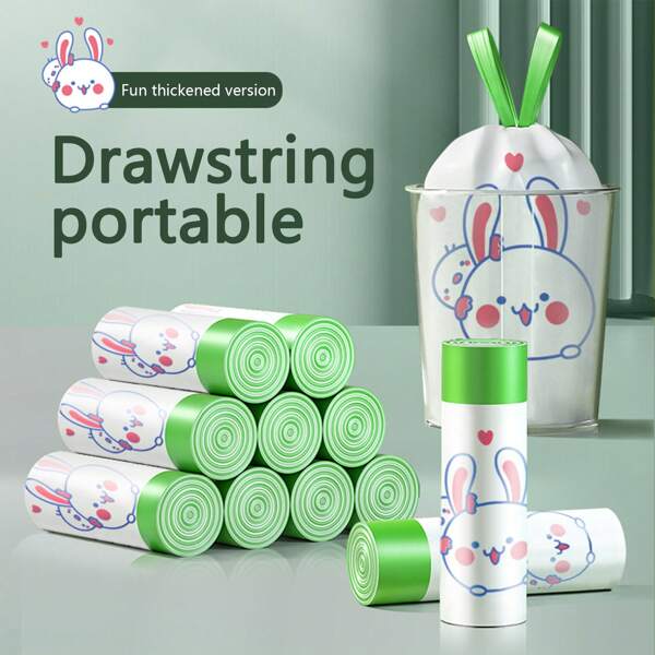 1/3/5 Roll(S) 15pcs/Roll Printed Rabbit Trash Bags, Thick Plastic Bags With Handle, Large Size For Home/Dorm/Kitchen, Economical Pack
