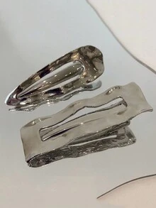 2入組/套女性銀色金屬波浪型髮夾套裝,包括鴨嘴夾和側夾 - 銀色 - 查看 2