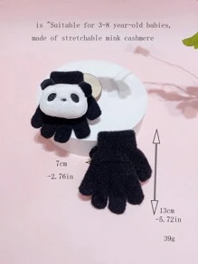 黑色熊貓印花彈力水貂絨冬帽,適合3-8歲兒童 - 黑色 - 查看 8