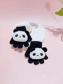黑色熊貓印花彈力水貂絨冬帽,適合3-8歲兒童 - 黑色 - 查看 3