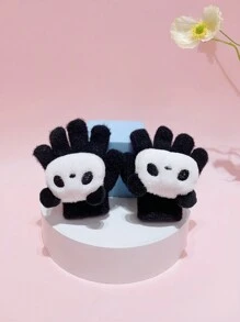 黑色熊貓印花彈力水貂絨冬帽,適合3-8歲兒童 - 黑色 - 查看 5