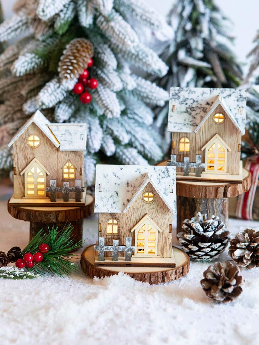 1 Pieza Luz Nocturna Luminosa Con Forma De Cabaña Con Paisaje De Nieve De Madera, Luz Decorativa De Escritorio (patrón Aleatorio) - Marrón - Ver 1