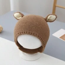 1pc Kids' Warm And Cute Cartoon Rabbit Ear Protection Knitted Hat For Daily Wear, Autumn And Winter Outdoors - Khaki - View 1