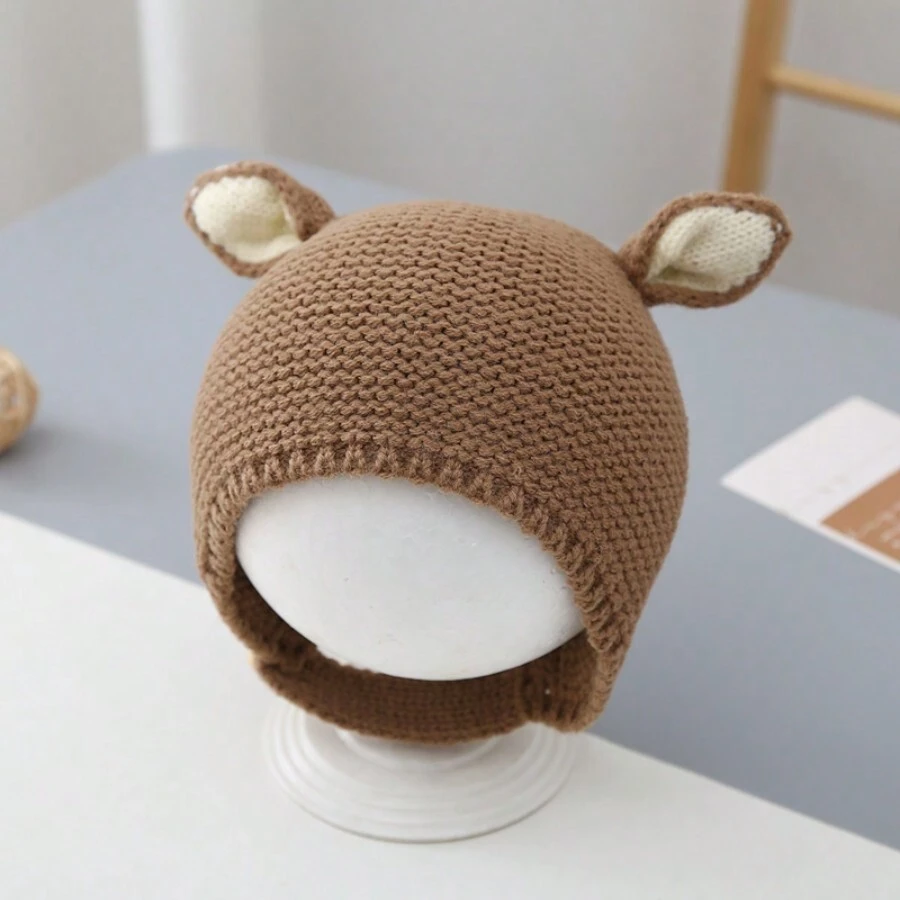 1pc Kids' Warm And Cute Cartoon Rabbit Ear Protection Knitted Hat For Daily Wear, Autumn And Winter Outdoors - Khaki - View 1