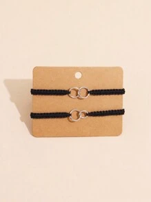 情侶心形雙環裝飾手編手鐲套裝,最好的朋友友誼度假珠寶禮物 - 黑與白 - 查看 2