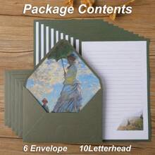 16個/套油畫圖案信封和信紙套裝,包括6個信封和10張紙 - 墨綠色 - 查看 6