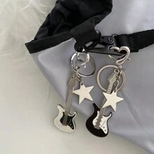吉他造型包吊飾鋅合金包包裝飾五角星包掛件鑰匙圈吉他鑰匙扣汽車鑰匙圈男女生鑰匙扣電吉他鑰匙扣掛飾工藝女錢包 - 黑色 - 查看 2
