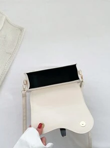 Pu 面料皮帶扣翻蓋女式半圓形斜挎包,簡約時尚多功能 - 米色 - 查看 11