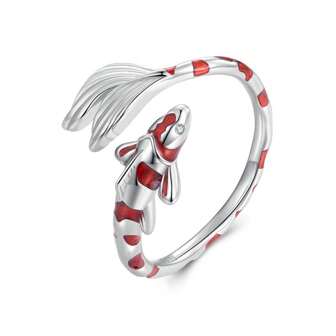 bamoer 1 PC 925 Sterling Silver Red Koi Opening Ring Lucky Fish Adjustable Ring for Women Birthday Gift Fine Jewelry
