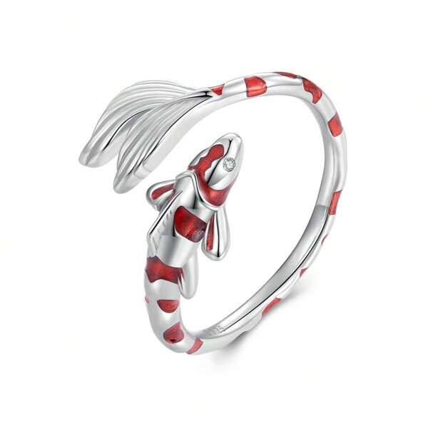 bamoer 1 pieza plata de ley 925 rojo Koi apertura Anillo afortunado de pez ajustable Anillo para mujeres regalo de cumpleaños Bisutería