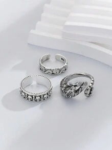 3pcs/set Fashionable Antique Silver Men's Rings, Daily Mix And Match Ring Set - Antique Silver - View 3
