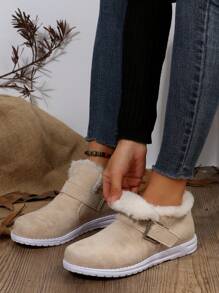 New Style Women'S Short Boots, Winter 2023, Big Size, Warm Snow Boots, Casual Solid Color, Slip-On Buckle, Low-Cut Suede, Slip-Resistant, Wear-Resistant And Lightweight