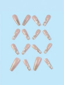 24 Piezas Conjunto De Uñas Postizas De Acrílico De Forma De Ataúd Con Copos De Nieve Brillantes Rosados Y De Cobertura Completa Y Larga - Multicolor - Ver 2