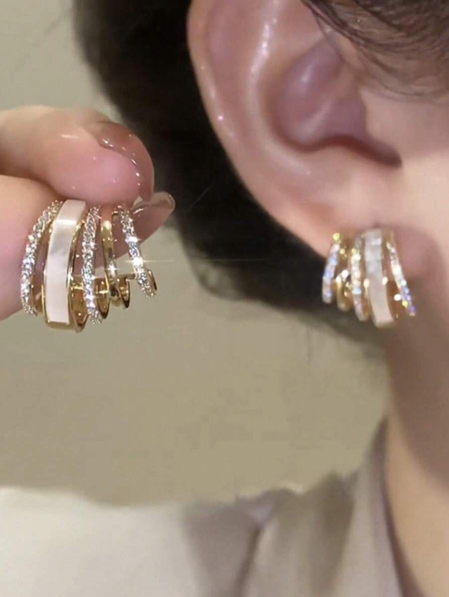 Andkiss 1 對時尚微鑲嵌貓眼石 C 形幾何圈形耳環 - 彩色 - 查看 1