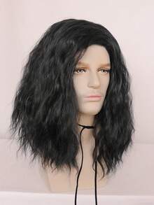 男士齐肩卷发角色扮演假发，无胶耐热假发，中长金色黑色假发，高密度合成纤维替换发，学校万圣节感恩节圣诞节服装配饰和 1 件假发帽 - 黑色 - 查看 3