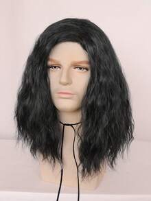 男士齐肩卷发角色扮演假发，无胶耐热假发，中长金色黑色假发，高密度合成纤维替换发，学校万圣节感恩节圣诞节服装配饰和 1 件假发帽 - 黑色 - 查看 5